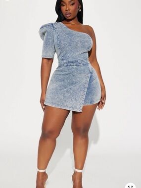 Louis Vuitton One-Shoulder Acid Wash Denim Romper in Light Blue